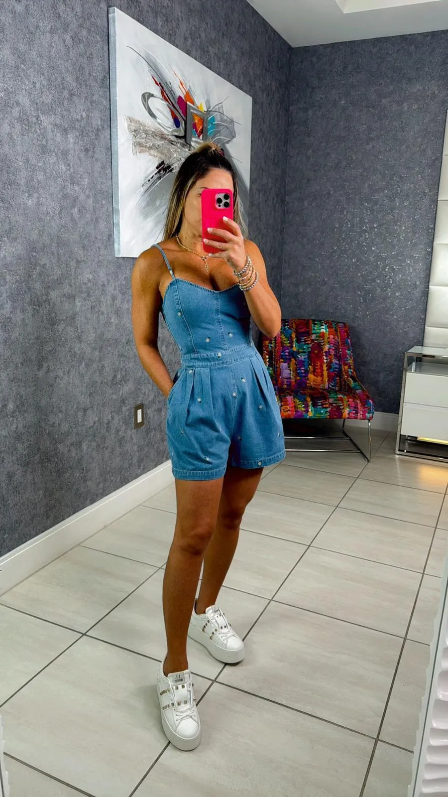4264 Embroidered denim romper