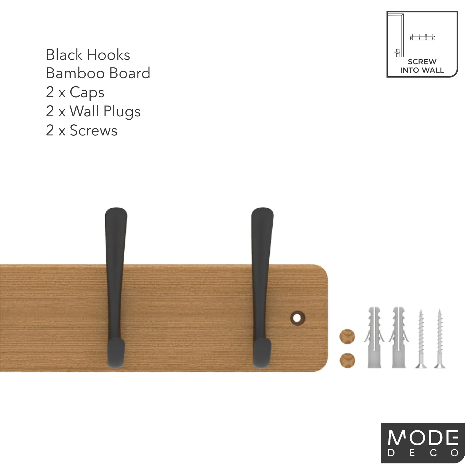6 Black Hooks on Bamboo Board Hat & Coat Rack