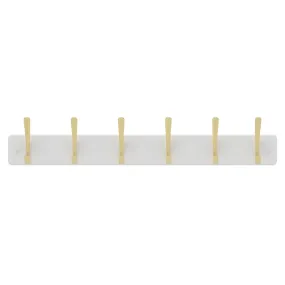 6 Brushed Brass Hooks on White Board Hat & Coat Rack