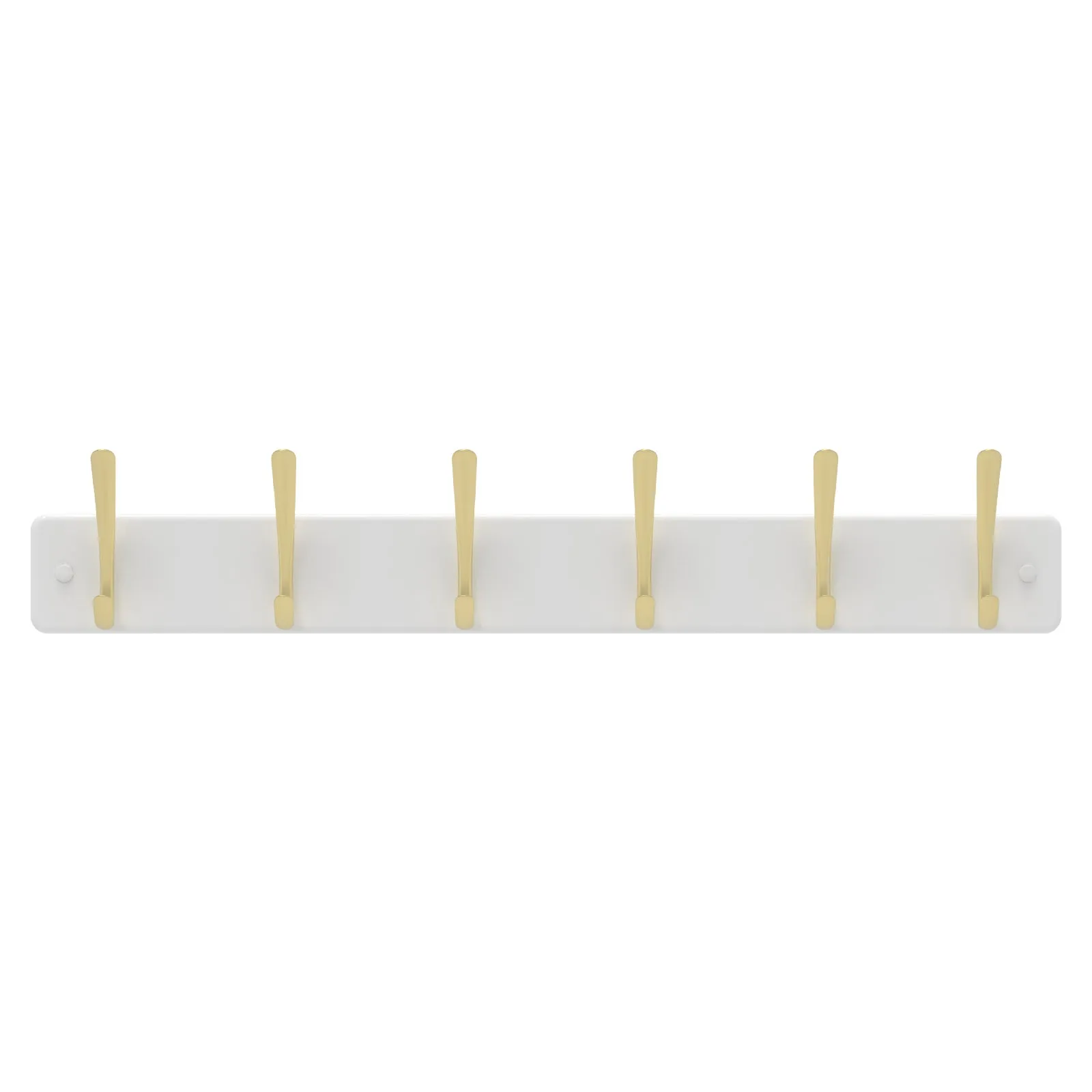 6 Brushed Brass Hooks on White Board Hat & Coat Rack