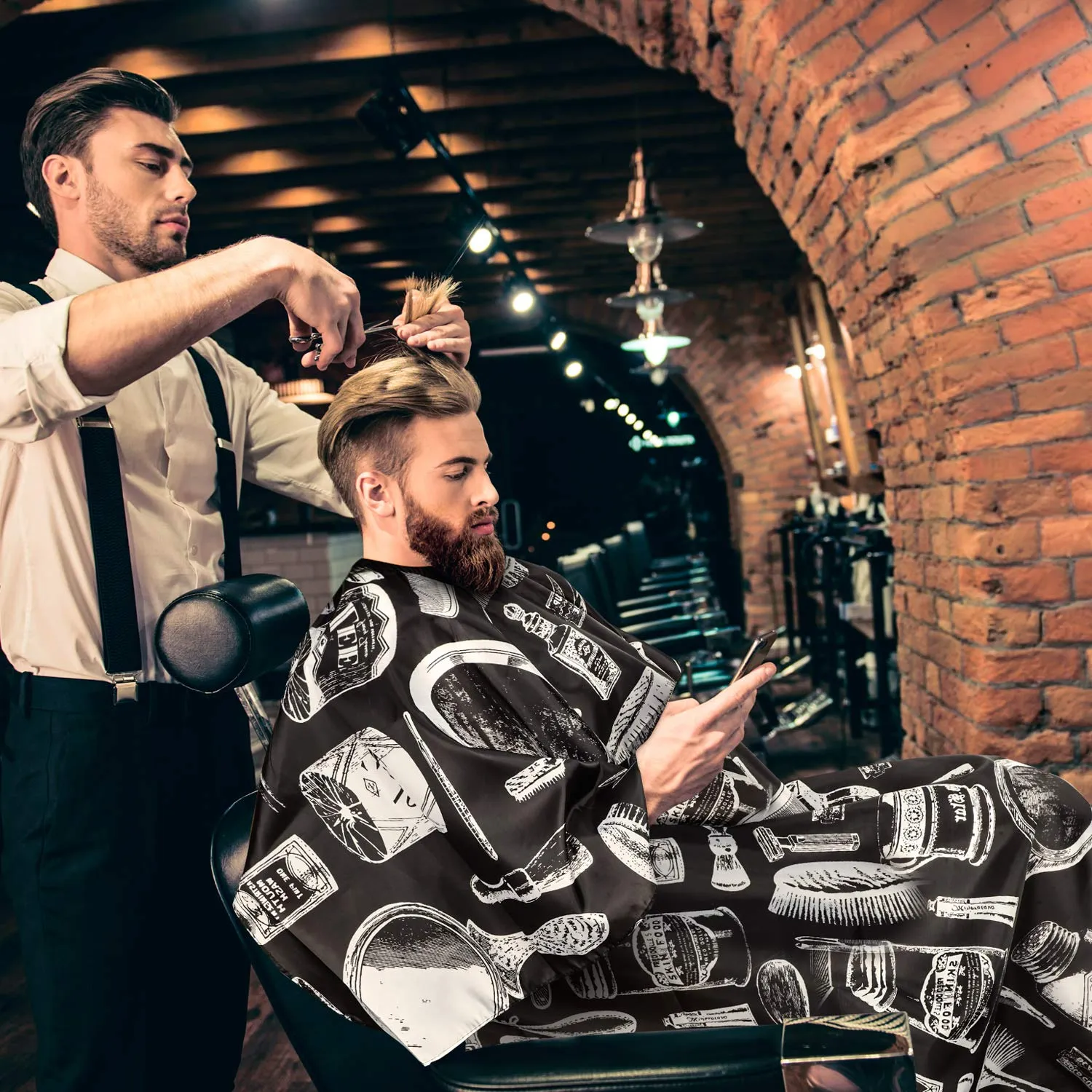 6 Pieces Hair Salon Cape Barber Hair Cutting Cape Barber Hairdressing Cape Waterproof Haircut Styling Cape for Hairstylist, Hairdresser, Barber (Scissors, Brush and Bottle Pattern) Scissors, Brush and Bottle Pattern