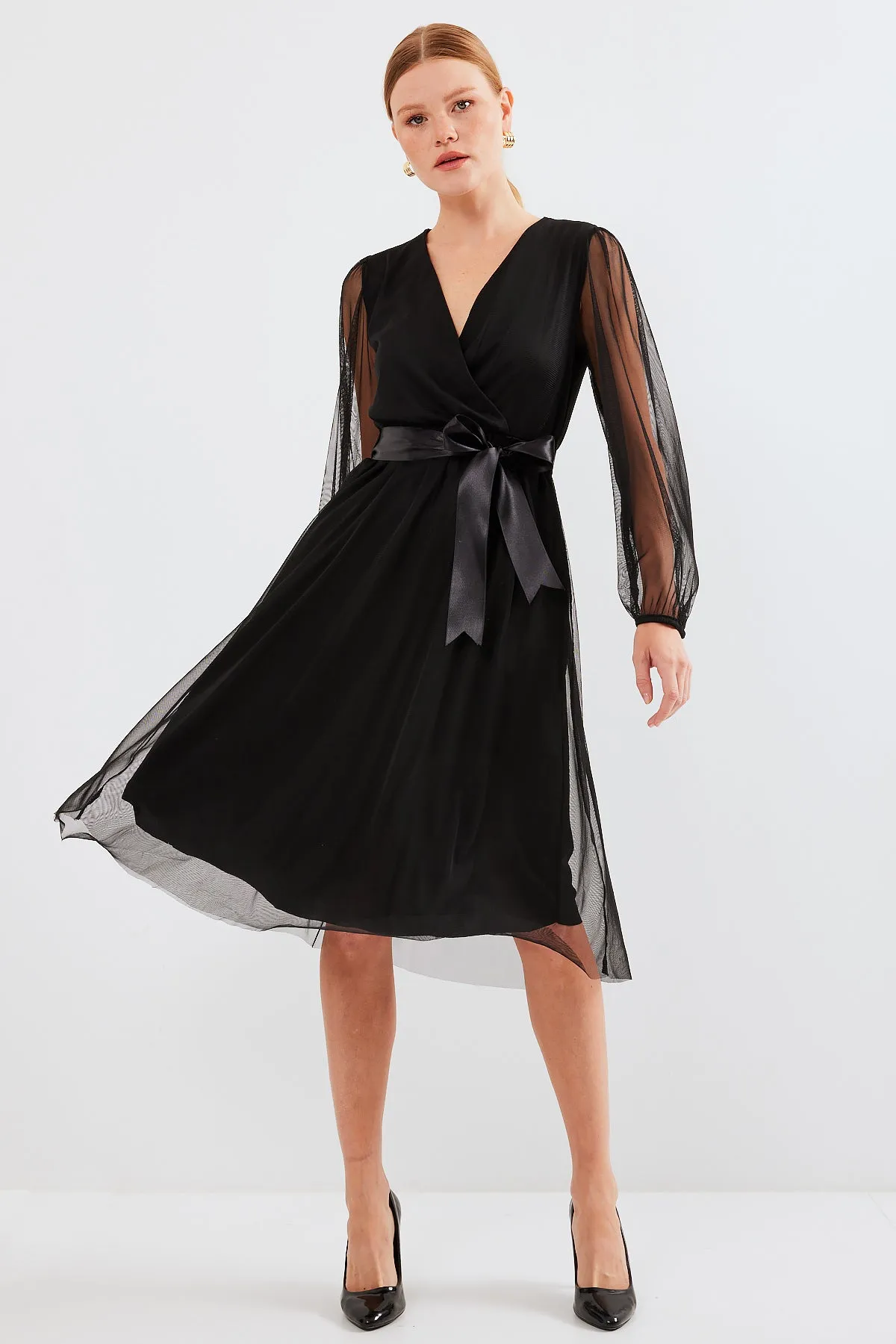BGD Women Wrap Neck Tulle Dress - Black - Avondale