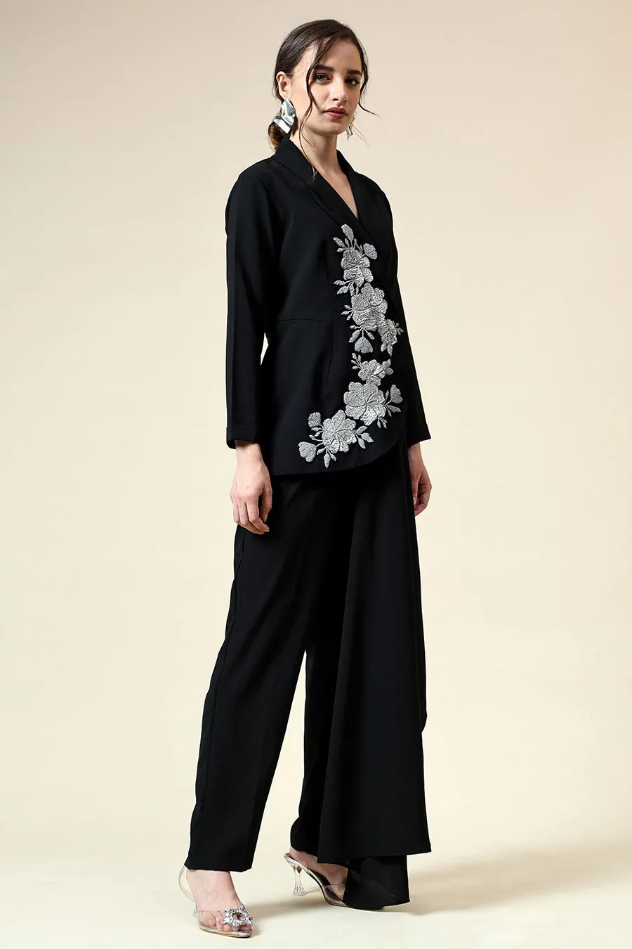 Black Floral Embroidered Blazer Co-Ord Set