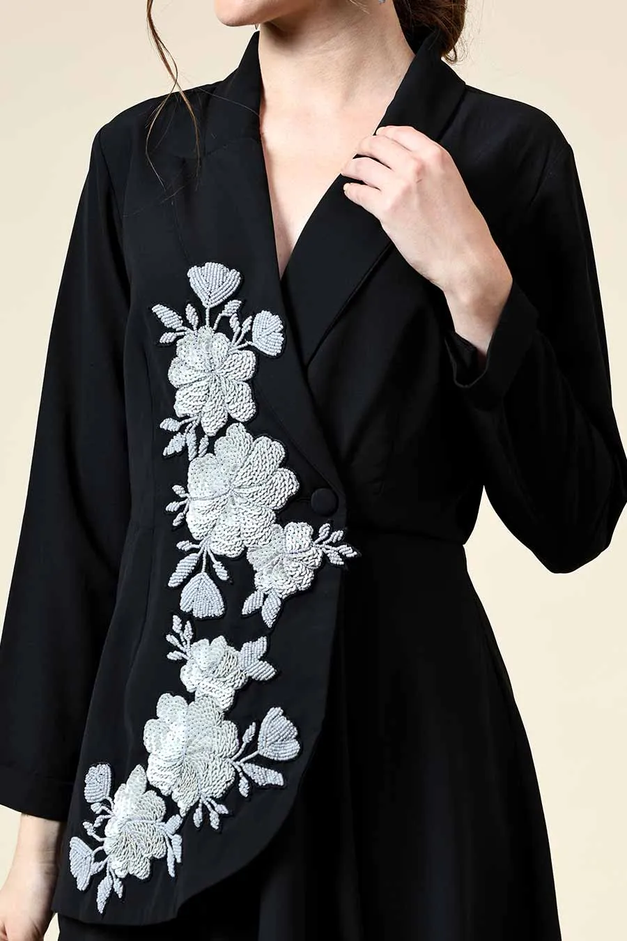 Black Floral Embroidered Blazer Co-Ord Set