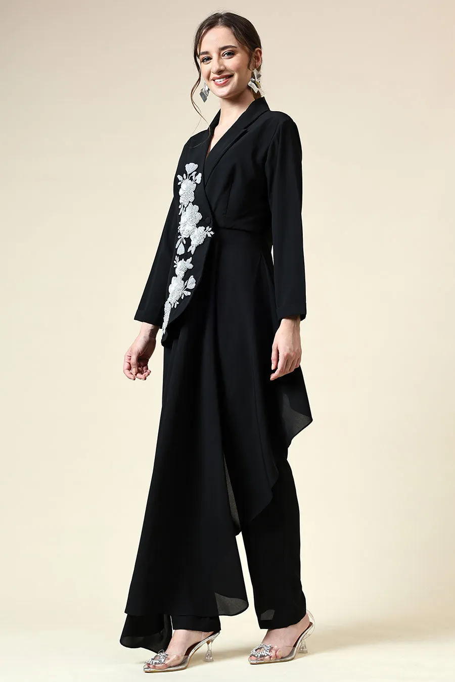 Black Floral Embroidered Blazer Co-Ord Set