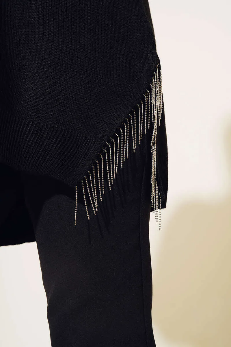 BNG Women Slit Chain Fringed Knit Tunic Black - Clermont