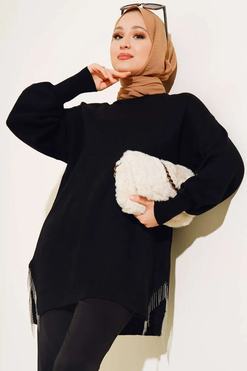 BNG Women Slit Chain Fringed Knit Tunic Black - Clermont