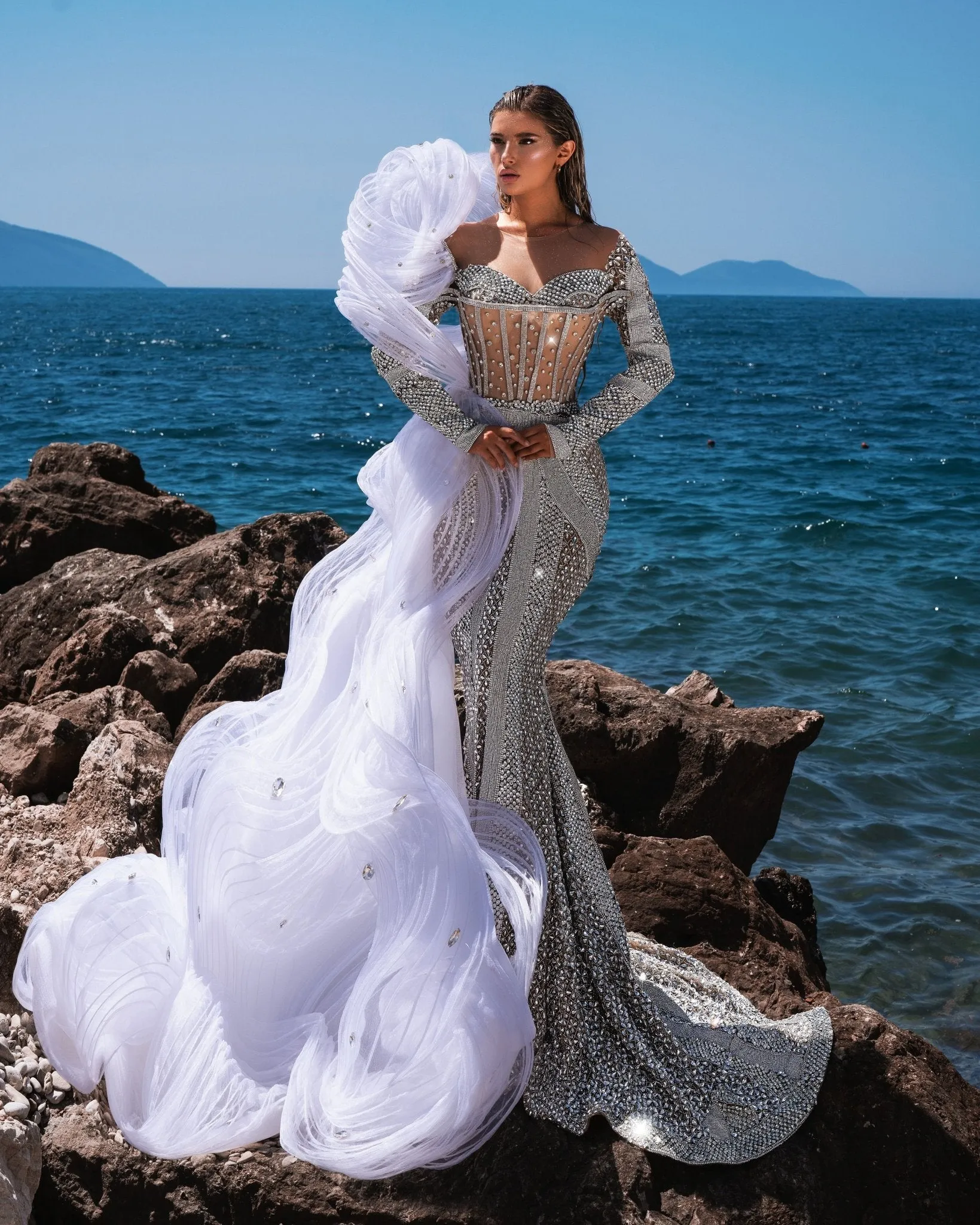 Cassiopeia Silver Dress with Ruffled White Cape