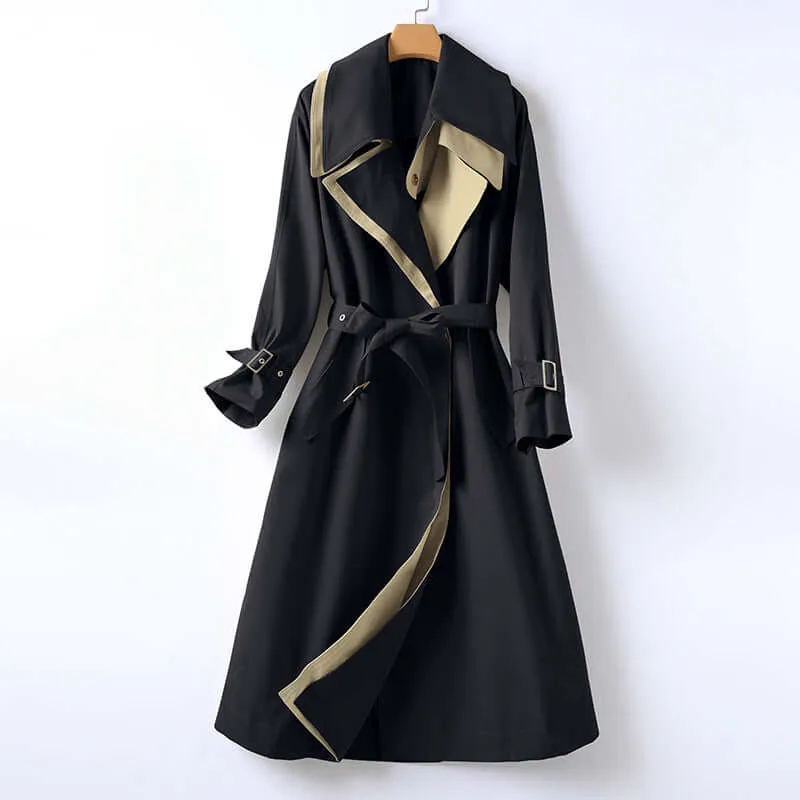 Contrast Lapel Belted Trench Coat