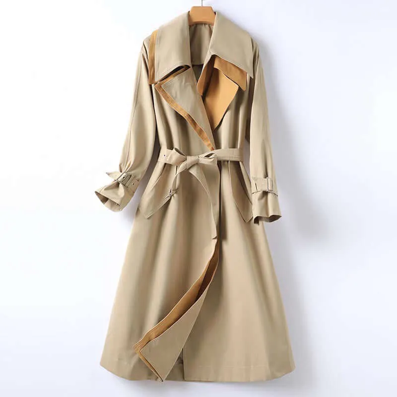 Contrast Lapel Belted Trench Coat