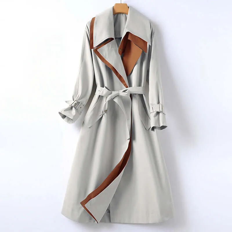 Contrast Lapel Belted Trench Coat