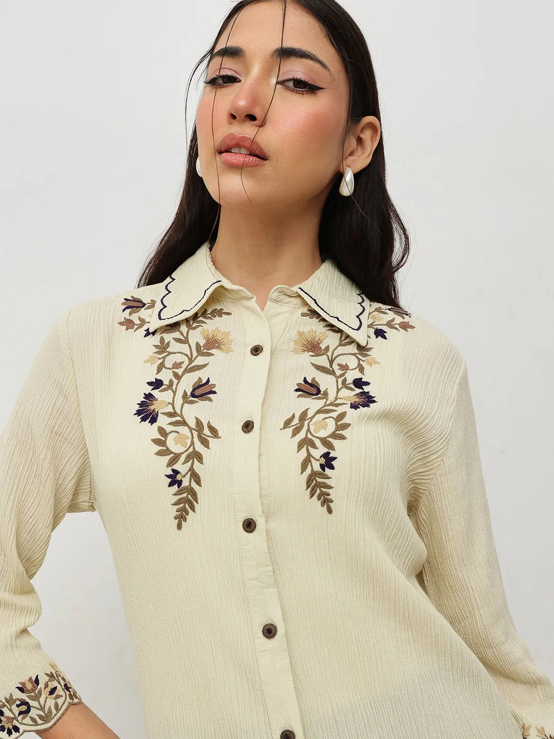 Cream Floral Embroidered Shirt