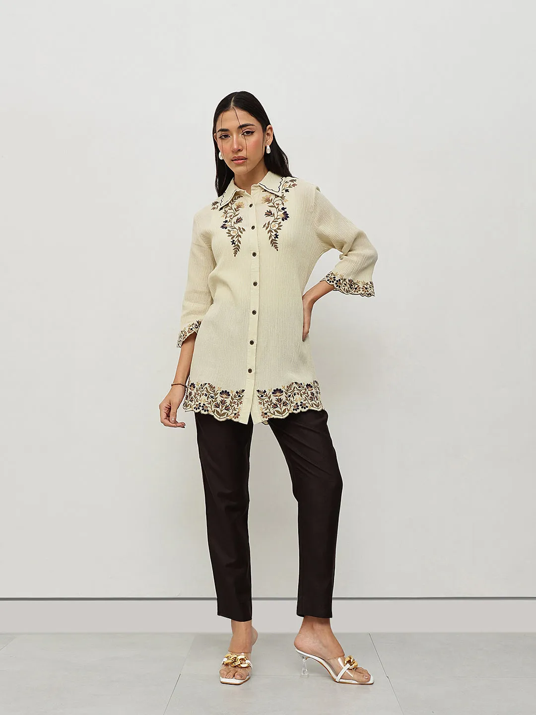 Cream Floral Embroidered Shirt