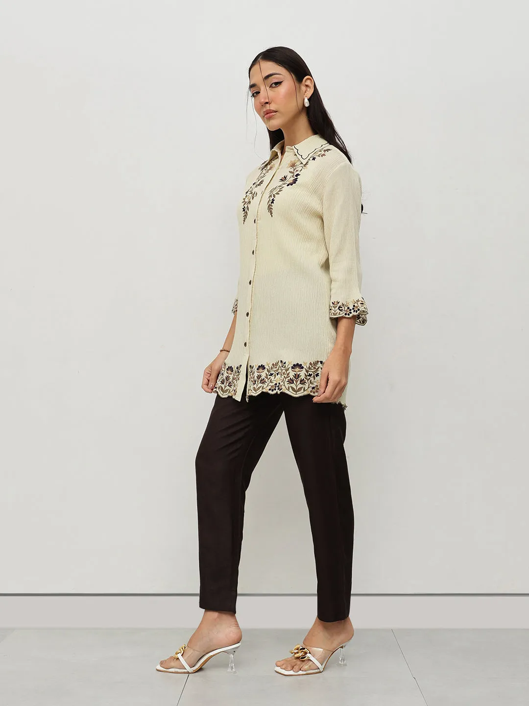 Cream Floral Embroidered Shirt