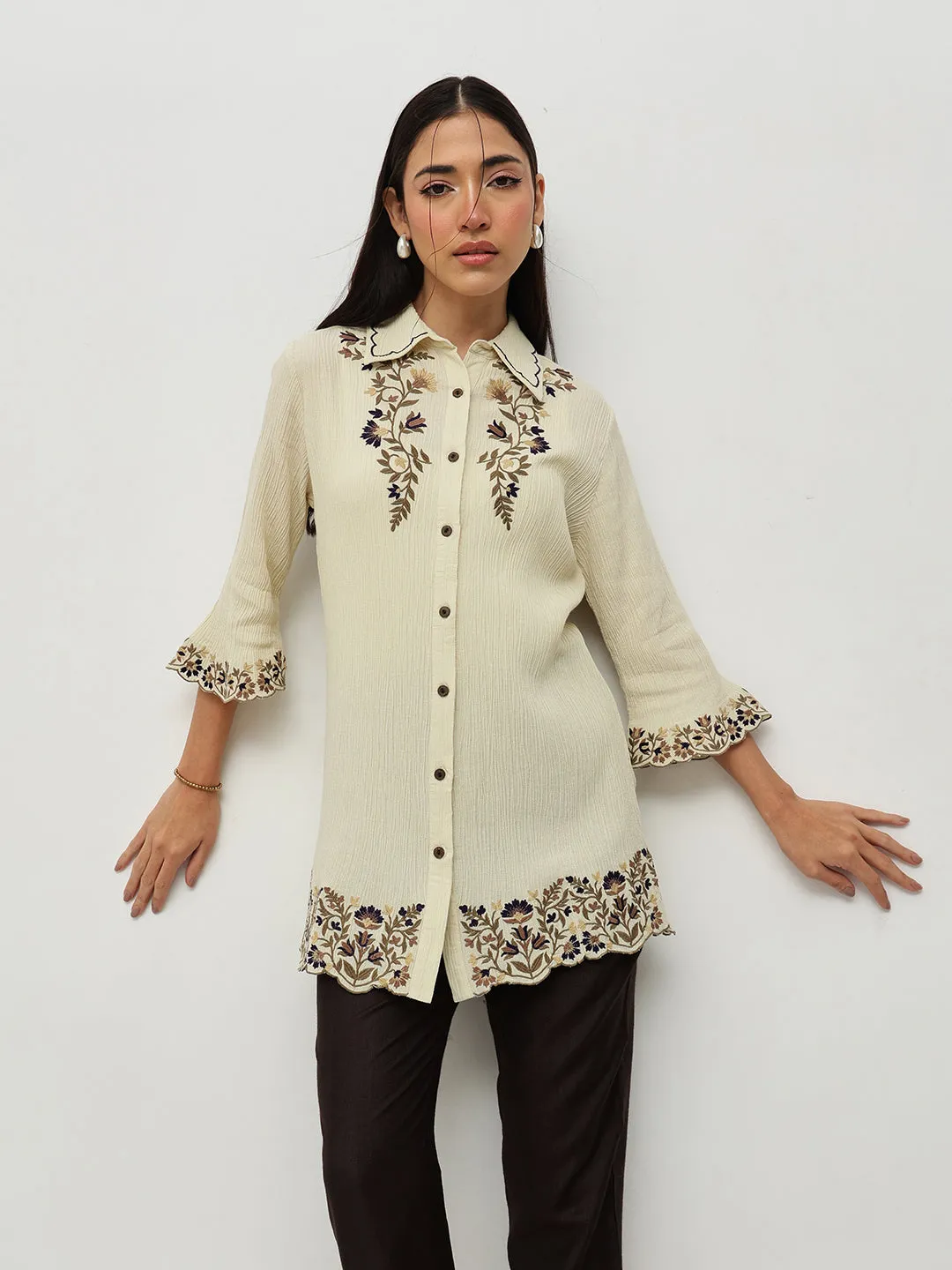 Cream Floral Embroidered Shirt
