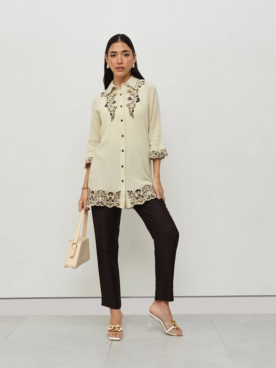Cream Floral Embroidered Shirt