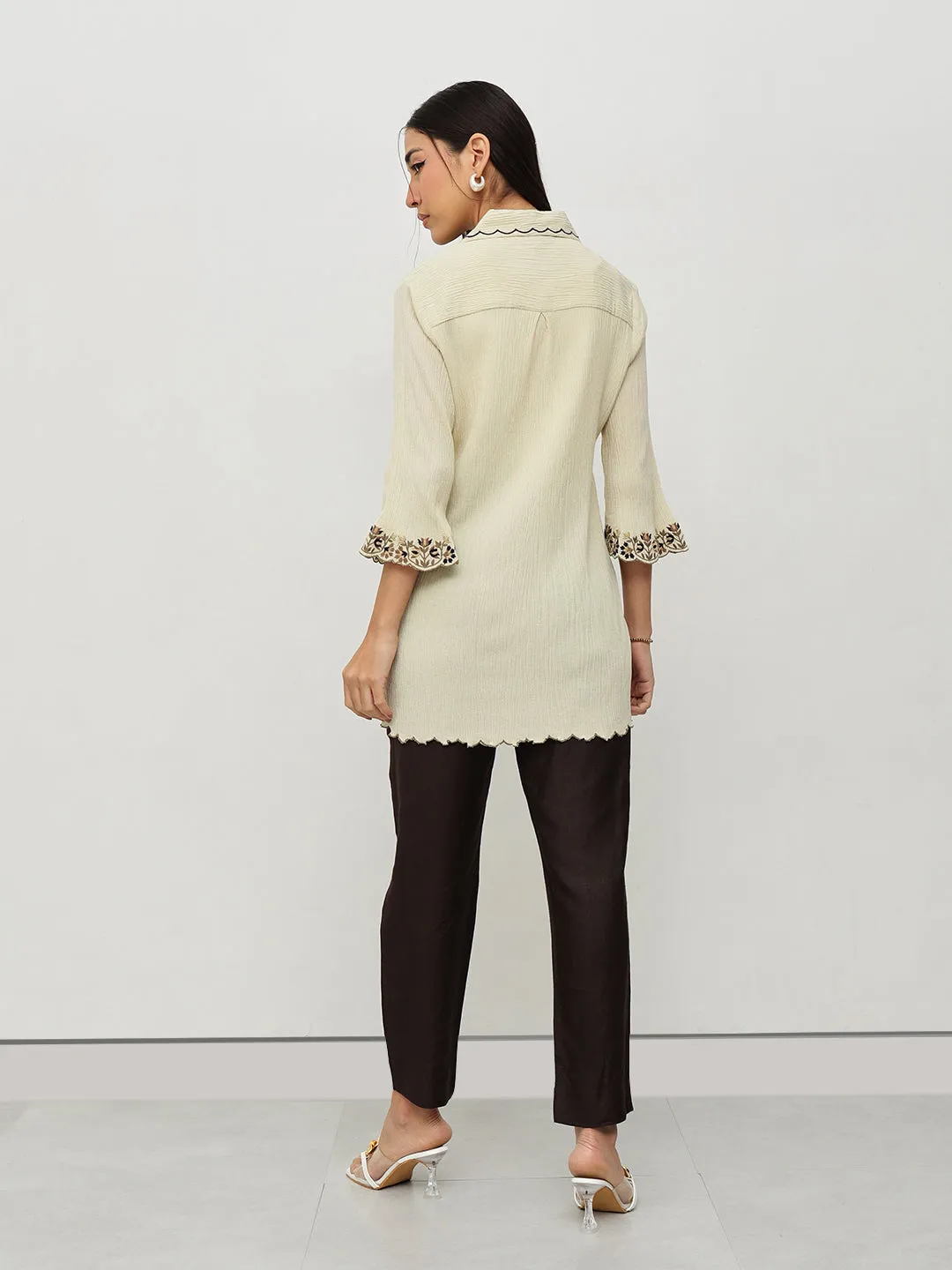 Cream Floral Embroidered Shirt