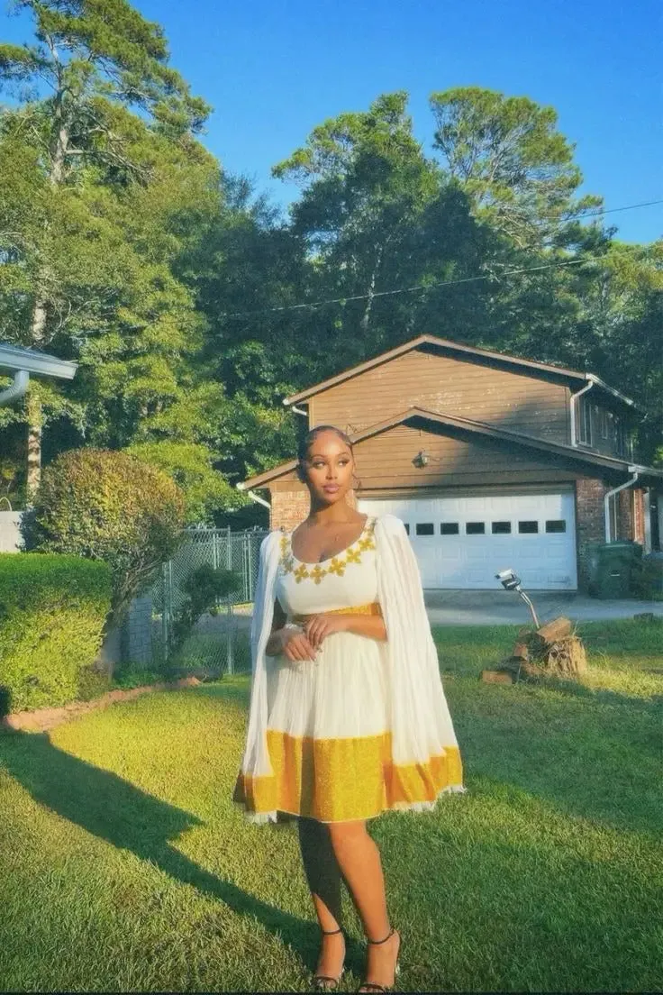 Cute Yellow Traditional Ethiopian Dress: with White Cape Habesha Dress Ideal for All Celebrations Modern Habesha Kemis