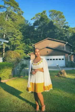 Cute Yellow Traditional Ethiopian Dress: with White Cape Habesha Dress Ideal for All Celebrations Modern Habesha Kemis