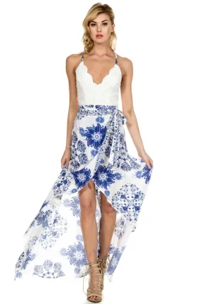 Elegant Blue White Wrap Maxi Dress