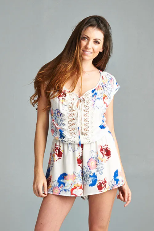 Floral Crochet Relaxed Fit Short Romper