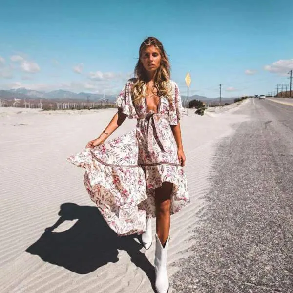 Flowy Boho Maxi Dress with Sleeves