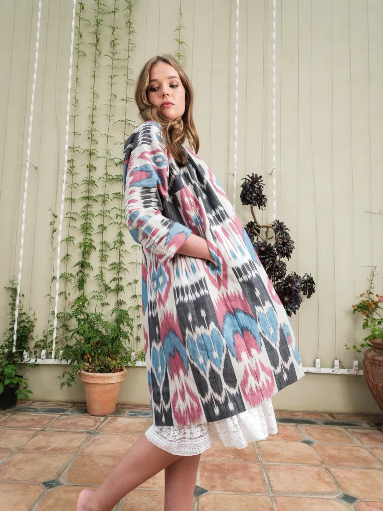 Handwoven Cotton Ikat Chapan with Box Pleat - Rose