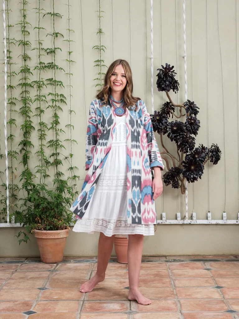 Handwoven Cotton Ikat Chapan with Box Pleat - Rose