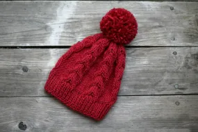 Knit beanie hat in marsala red with pom pom, winter accessories