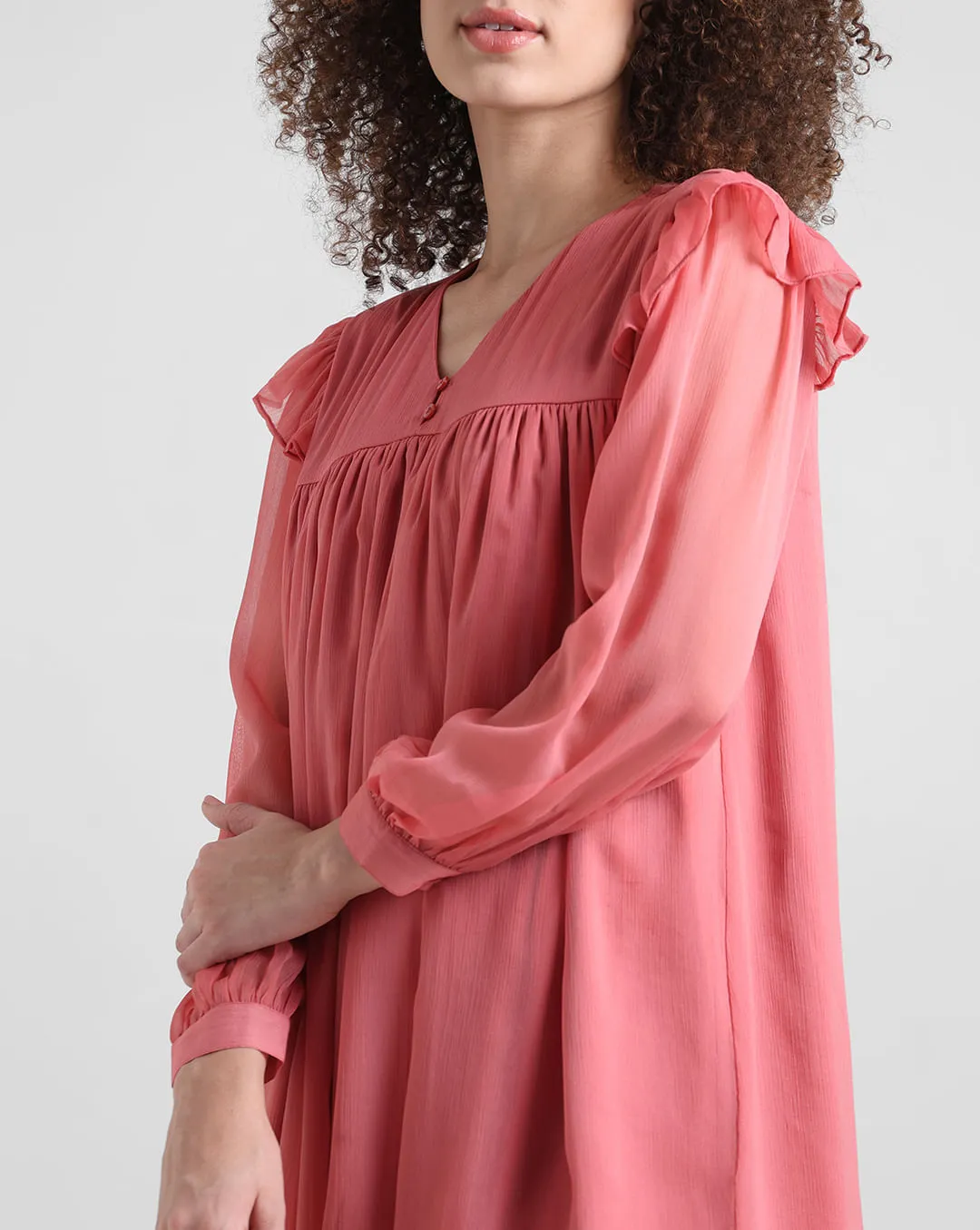 Light Red Chiffon Dress with V-Neck