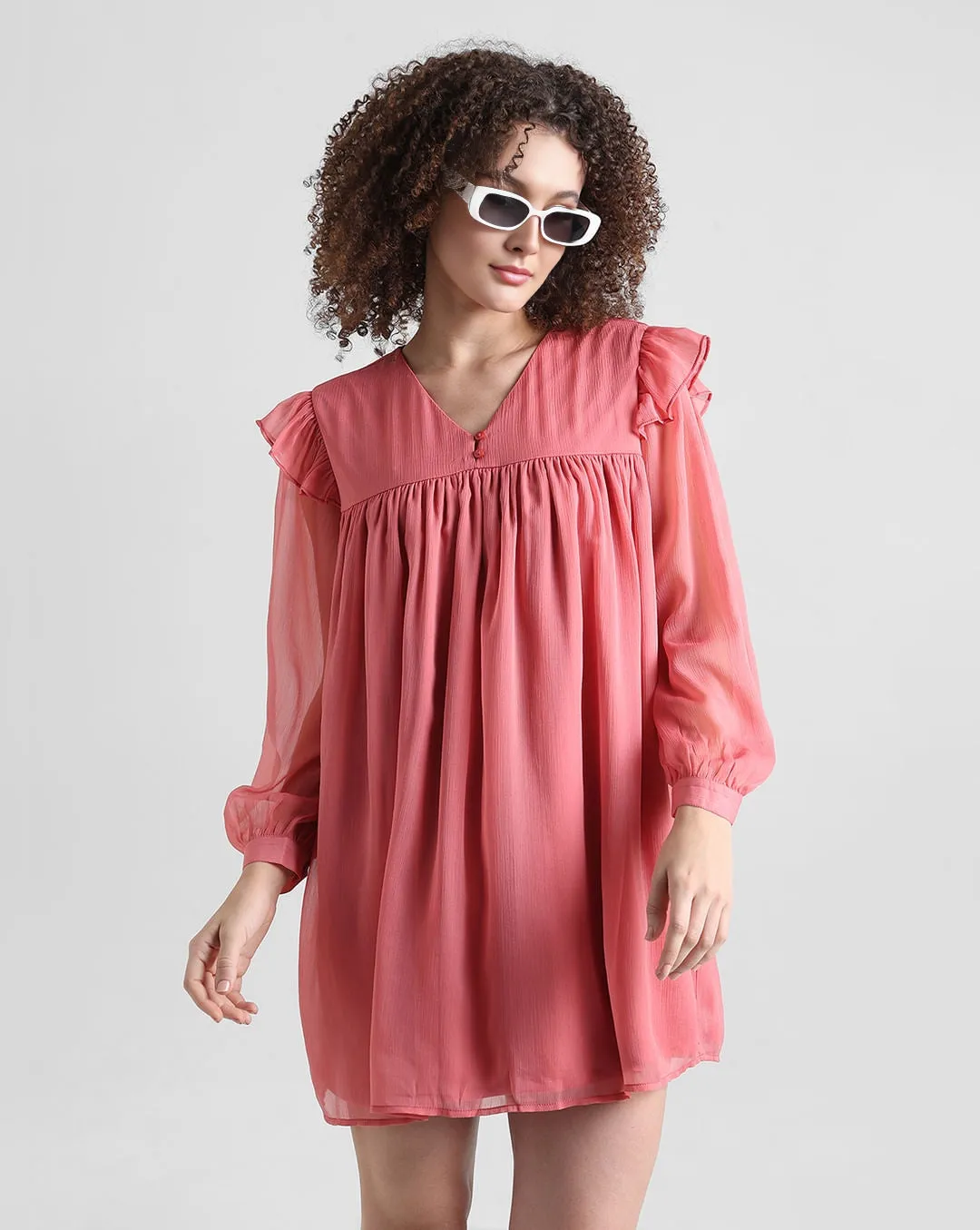 Light Red Chiffon Dress with V-Neck