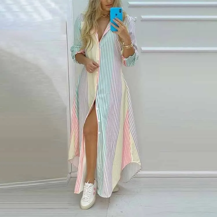 Long Shirt Dress Women Single Breasted Button Lapel Long Sleeve Dress Spring Summer Letter Print Oversized Robe Dresses