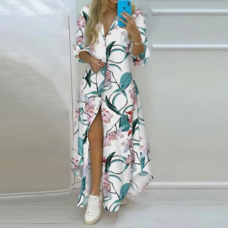 Long Shirt Dress Women Single Breasted Button Lapel Long Sleeve Dress Spring Summer Letter Print Oversized Robe Dresses