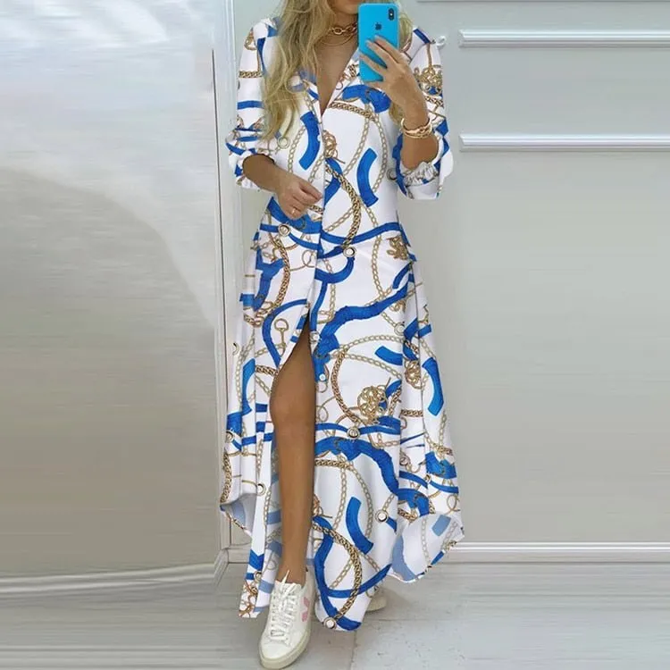 Long Shirt Dress Women Single Breasted Button Lapel Long Sleeve Dress Spring Summer Letter Print Oversized Robe Dresses