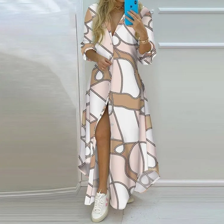 Long Shirt Dress Women Single Breasted Button Lapel Long Sleeve Dress Spring Summer Letter Print Oversized Robe Dresses
