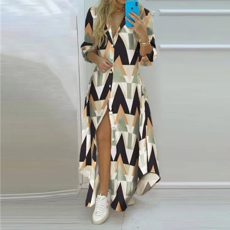 Long Shirt Dress Women Single Breasted Button Lapel Long Sleeve Dress Spring Summer Letter Print Oversized Robe Dresses