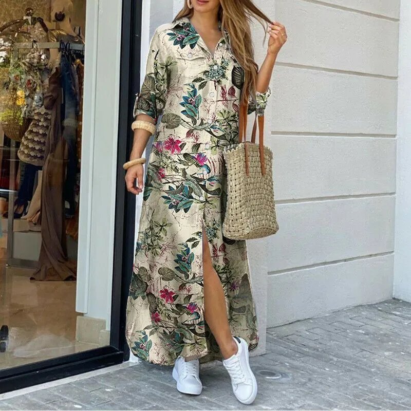 Long Shirt Dress Women Single Breasted Button Lapel Long Sleeve Dress Spring Summer Letter Print Oversized Robe Dresses