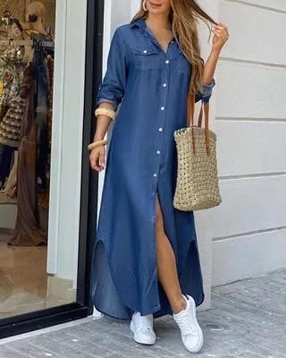 Long Shirt Dress Women Single Breasted Button Lapel Long Sleeve Dress Spring Summer Letter Print Oversized Robe Dresses