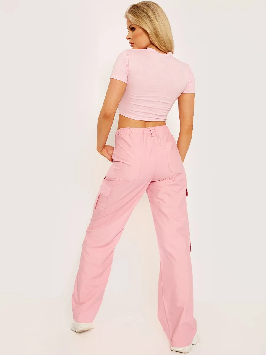 Loren Wide Leg Cargo Trousers In Pink