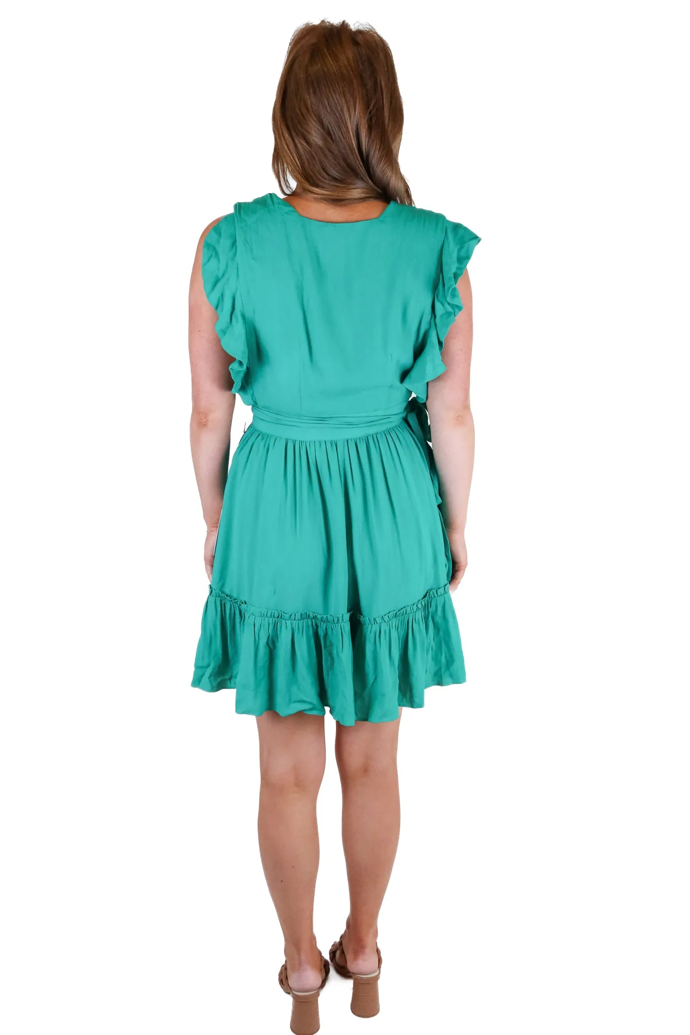 majorelle green wrap ruffle dress NWT (S; retail $198)