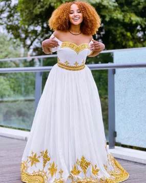 Modern Golden Ethiopian Traditional Dress: Off Shoulder Chic Habesha Dress Tailored for Any Event Habesha Kemis