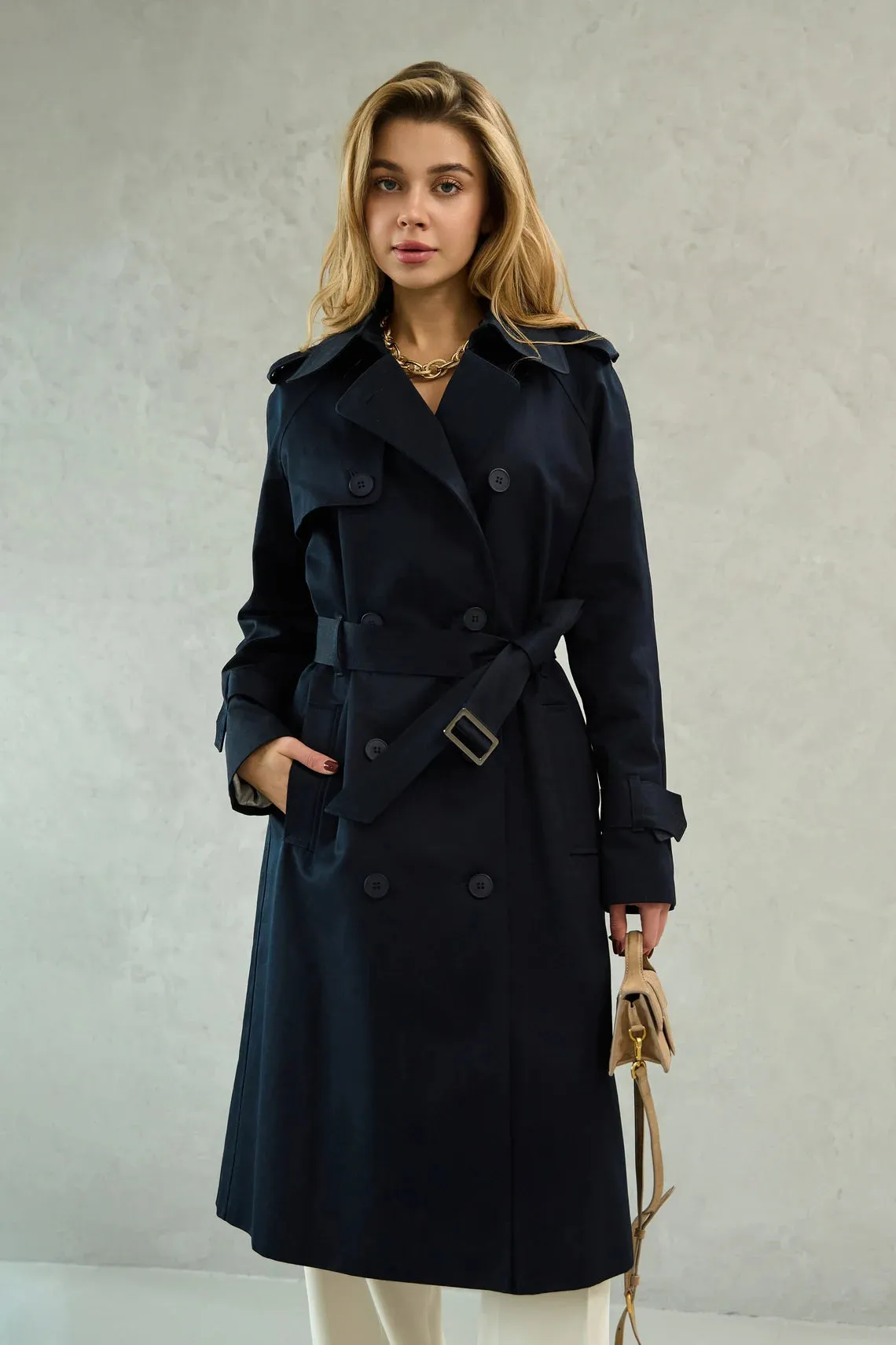 Navy blue cotton trench coat