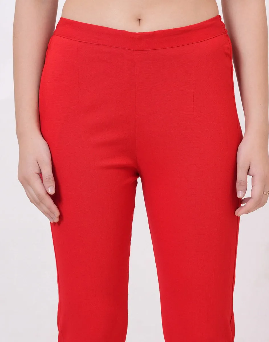 Satrangi Women's Red Viscose Lycra Trouser