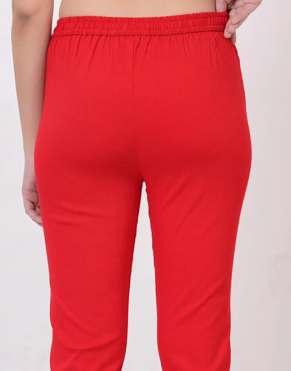 Satrangi Women's Red Viscose Lycra Trouser