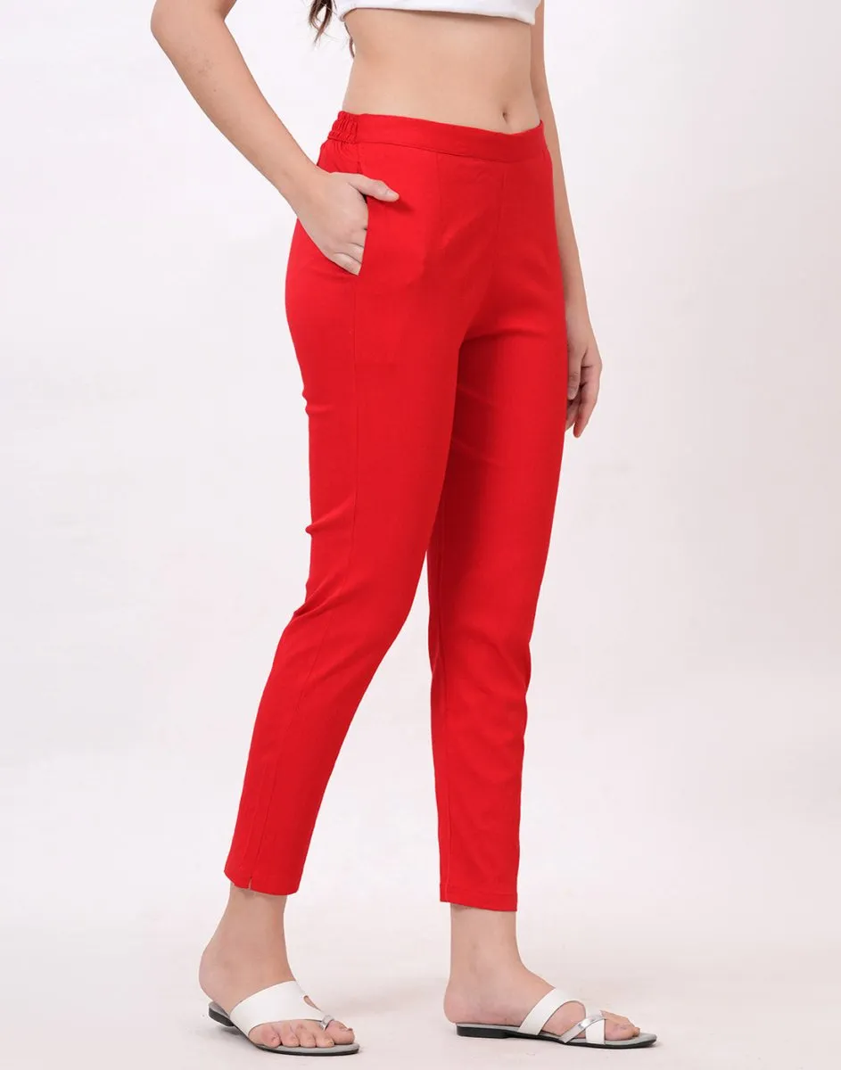 Satrangi Women's Red Viscose Lycra Trouser