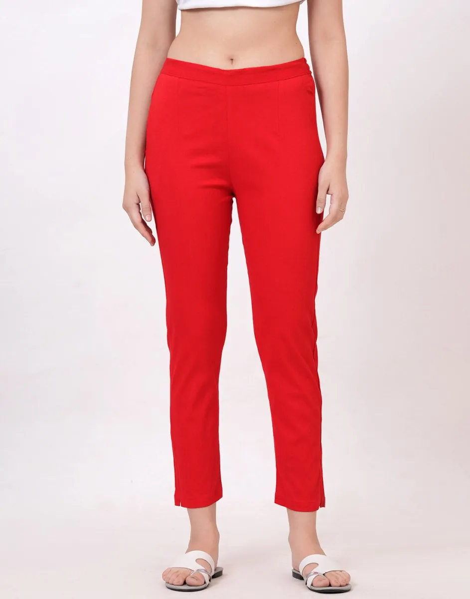 Satrangi Women's Red Viscose Lycra Trouser