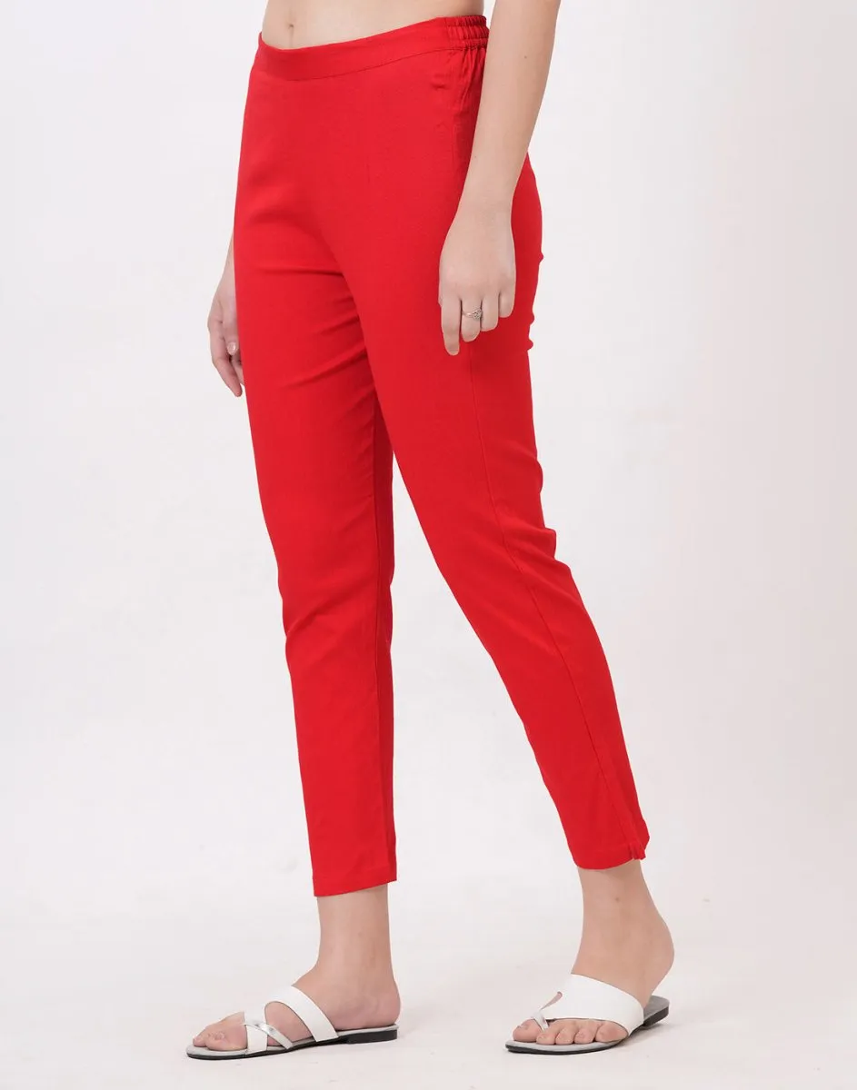 Satrangi Women's Red Viscose Lycra Trouser