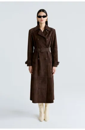 Shira Suede Leather Long Trench Coat Women Outfit