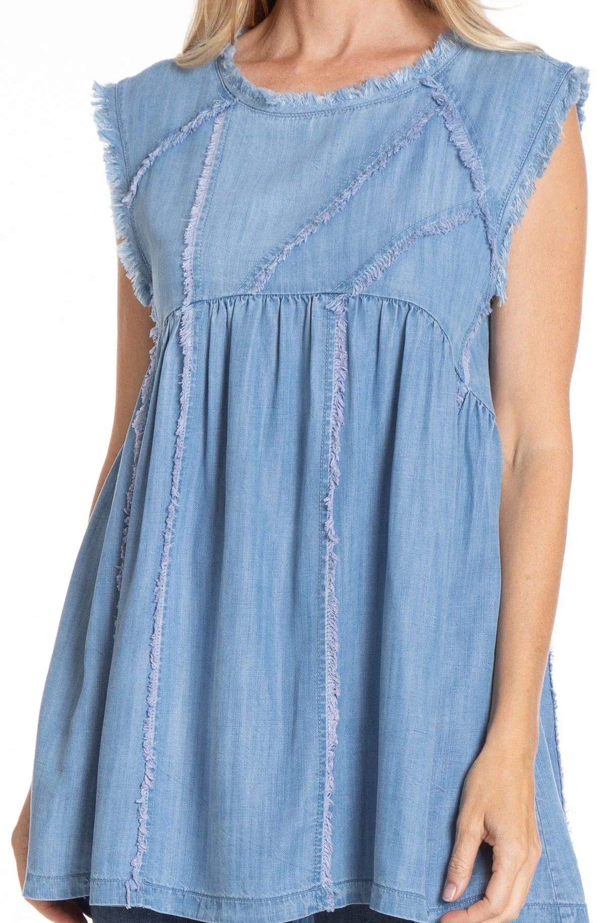 Sleeveless Patched and Frayed Tunic Dress  - Light Indigo