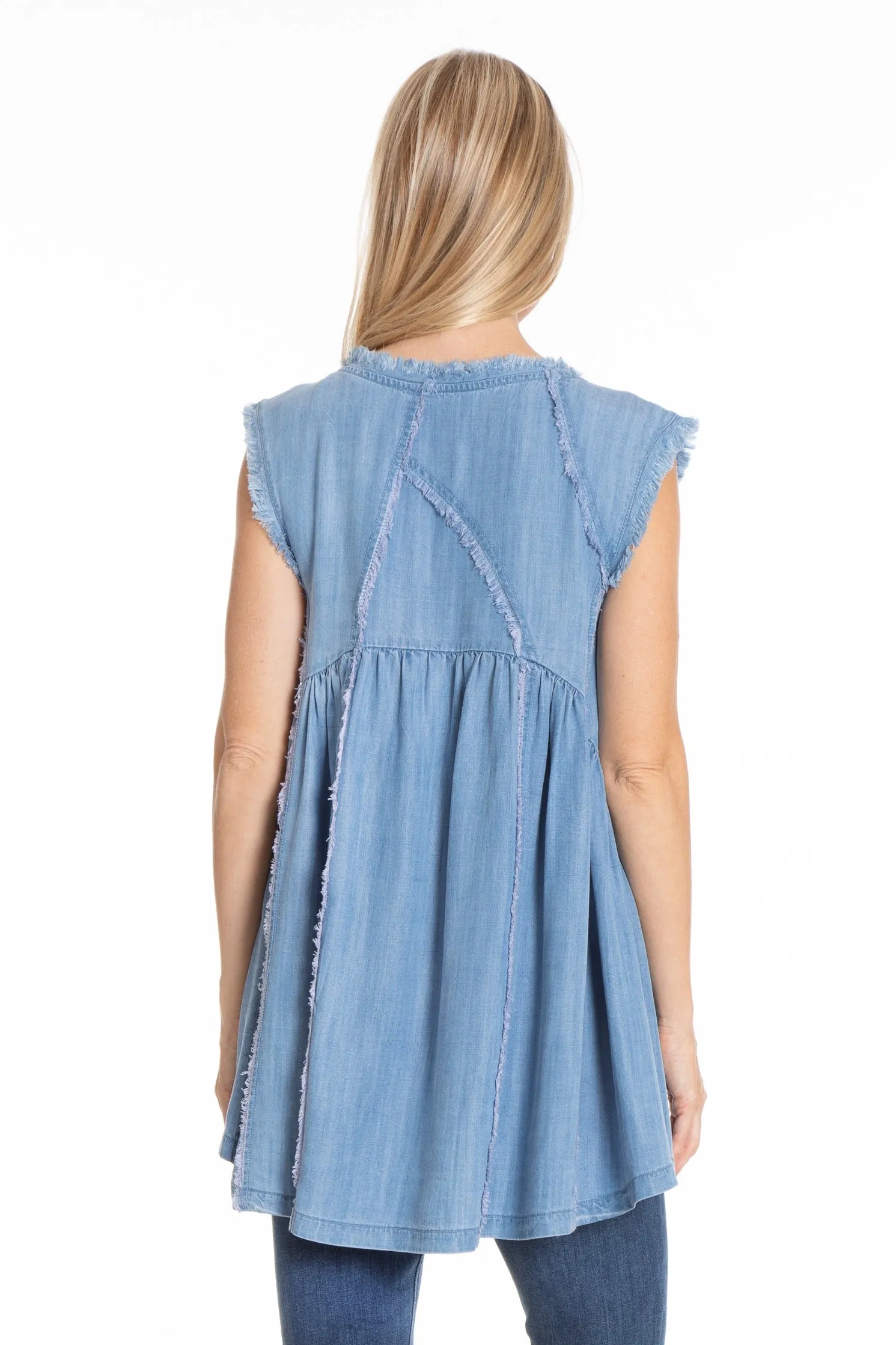 Sleeveless Patched and Frayed Tunic Dress  - Light Indigo
